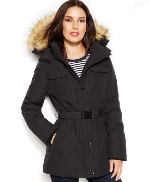 faux fur trim hood belted puffer jacket michael kors|Michael Kors packable jacket.